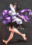  1girl ass ayakumo back barefoot black_hair breasts erect_nipples highres kijin_seija large_breasts looking_back multicolored_hair red_eyes redhead see-through soles solo streaked_hair touhou white_hair 