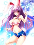  1girl animal_ears between_breasts breasts bullet denim denim_shorts finger_gun highres large_breasts long_hair midriff necktie necktie_between_breasts no_panties open_fly open_mouth osashin_(osada) purple_hair rabbit_ears red_eyes reisen_udongein_inaba short_shorts shorts solo touhou unzipped 