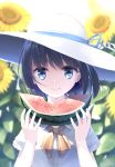  1girl black_hair blue_eyes blurry buttons dated depth_of_field eating flower food fruit hat hat_ribbon highres holding holding_fruit looking_at_viewer makadamixa neckerchief original ribbon shirt short_hair short_sleeves signature smile solo sun_hat sunflower upper_body watermelon 