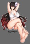  1girl armpits arms_up bare_shoulders barefoot black_hair bra breasts collarbone dungeon_and_fighter epomeno feet female flower full_body grey_background hair_ornament hand_behind_head highres large_breasts legs legs_crossed long_hair panties red_eyes redhead simple_background sitting soles solo toes underwear very_long_hair wavy_hair white_panties 
