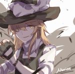  1girl black_gloves blonde_hair bow empty_eyes fingerless_gloves gloves hair_over_one_eye hat hat_bow kirisame_marisa looking_at_viewer meng_ziya mini-hakkero parted_lips puffy_sleeves smile solo touhou upper_body white_bow witch_hat yellow_eyes 