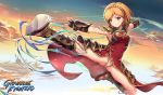  &gt;:) 1girl armor armored_dress armpits bangs black_gloves blonde_hair blush boots braid breasts brown_eyes china_dress chinese_clothes clouds commentary_request crown_braid djeeta_(granblue_fantasy) dress fingerless_gloves flying_kick gauntlets gloves gou_(ga673899) granblue_fantasy greaves kicking looking_away outstretched_arms outstretched_leg panties pantyshot shin_guards shoes short_hair side_slit sideboob sky smile solo sparkle spaulders spread_arms spread_legs underwear white_panties 