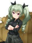  1girl anchovy bangs black_shirt blush carro_veloce_cv-33 clothes_around_waist crossed_arms dress_shirt drill_hair girls_und_panzer green_hair grey_jacket grey_pants ground_vehicle highres jacket_around_waist long_hair long_sleeves looking_at_viewer military military_uniform military_vehicle motor_vehicle open_collar pants parted_lips red_eyes sana_(sauber0531) shirt sleeves_rolled_up solo standing tank twin_drills twintails uniform upper_body 