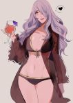  1girl artist_request bikini black_bikini breasts camilla_(fire_emblem_if) cleavage coat cocktail cocktail_glass cup doodle drink drinking_glass fire_emblem fire_emblem_if glass hair_over_one_eye heart intelligent_systems large_breasts long_hair navel nintendo open_mouth purple_hair see-through smile solo swimsuit very_long_hair violet_eyes 