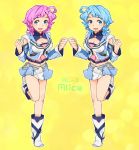  2girls :d akimoto_(akimomomoto) al-3_alice antenna_hair blue_eyes blue_hair boots character_name cleavage_cutout commentary_request dual_persona full_body multiple_girls navel open_mouth pink_hair polka_dot polka_dot_background short_hair shoulder_cutout smile standing standing_on_one_leg stomach super_robot_wars_l yellow_background 