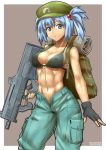 1girl abs alternate_costume arm_at_side assault_rifle backpack bag bare_shoulders bikini_top black_gloves blue_hair blue_pants breasts bullpup cleavage commentary_request ebr-kii erect_nipples fingerless_gloves gloves gun hair_bobbles hair_ornament holding holding_weapon kawashiro_nitori key looking_at_viewer medium_breasts midriff military navel open_mouth pants rifle short_hair solo submachine_gun toned touhou twintails two_side_up unbuttoned under_boob weapon weapon_request 