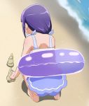  1girl ass barefoot beach from_behind haruyama_kazunori izayoi_liko mahou_girls_precure! precure purple_hair solo squatting swimsuit 