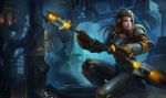  1girl blonde_hair furnace gloves helmet league_of_legends long_hair luxanna_crownguard official_art pipes power_armor sitting solo staff steampunk steel_legion_lux 