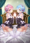  2girls absurdres apron ass back bed bed_sheet black_ribbon blue_eyes blue_hair blush bow breasts closed_mouth commentary_request curtains detached_sleeves dress frilled_dress frilled_sleeves frills from_behind hair_ornament hair_over_one_eye hand_holding hand_on_own_chest hands_together highres kneeling looking_at_viewer looking_back maid maid_headdress microdress multiple_girls no_shoes on_bed open_mouth panties pantyshot pantyshot_(sitting) pink_eyes pink_hair ram_(re:zero) re:zero_kara_hajimeru_isekai_seikatsu rem_(re:zero) ribbon short_hair siblings sisters sitting small_breasts thigh-highs twins underbust underwear white_legwear white_panties x_hair_ornament xiao_du 