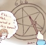  2girls 666 blush blush_stickers brown_hair commentary disembodied_blush english kunikida_hanamaru kvlen long_hair love_live! love_live!_sunshine!! multiple_girls open_mouth pentagram skirt smile stick text tsushima_yoshiko |_| 