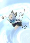  1girl animal_ears basket blush capelet clouds dowsing_rod from_above grey_hair highres ishikkoro looking_at_viewer looking_up mouse mouse_ears mouse_tail nazrin open_mouth sky smile solo tail touhou 