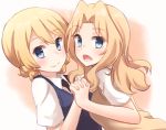  2girls blonde_hair blue_eyes blush braid collared_shirt darjeeling eyebrows eyebrows_visible_through_hair girls_und_panzer gradient gradient_background hand_holding highres kapatarou kay_(girls_und_panzer) light_smile long_hair long_sleeves looking_at_viewer multiple_girls necktie open_mouth school_uniform serafuku shirt short_hair simple_background smile sweater_vest white_shirt yuri 