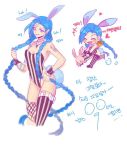  1girl blue_hair braid bunnysuit cleavage jinx_(league_of_legends) league_of_legends long_hair pink_eyes rabbit_ears solo tail tattoo thigh-highs translation_request twin_braids 