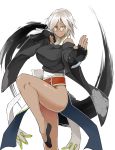  1girl bare_legs bare_shoulders belt breasts chinese_clothes dark_skin echigo_(shiro_maru) fighting_stance fingerless_gloves glasses gloves grey_hair large_breasts looking_at_viewer original shiro_maru short_hair smile solo yellow_eyes 