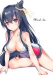  1girl alternate_costume arm_support bare_legs bent_knees black_hair breasts covered_navel fusou_(kantai_collection) hair_between_eyes hair_ornament henet_hene kantai_collection large_breasts leaning_forward long_hair looking_at_viewer one-piece_swimsuit outstretched_leg red_eyes simple_background sitting smile swimsuit thighs twitter_username white_background 
