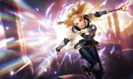  1girl armor armored_boots baton blonde_hair blue_eyes bodysuit boots bracer breastplate faulds gloves hairband league_of_legends light_rays long_hair luxanna_crownguard official_art skyline smile solo spaulders tower white_gloves 
