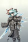 blue_eyes blue_hair bow cape cirno coat crossover game_of_thrones gloves highres holding holding_weapon isaki_tanaka mask sword tengu_mask touhou weapon 