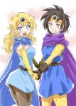  2girls black_hair blonde_hair cape dragon_quest dragon_quest_iii earrings elbow_gloves gloves grin hand_holding jester_(dq3) jewelry looking_at_viewer multiple_girls roto smile tiara unya 