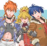  1girl 2boys :o akimoto_(akimomomoto) arm_hug blonde_hair blue_background blue_eyes blue_hair choker closed_eyes excellen_browning fur-lined_jacket hugo_medio joshua_radcliffe multiple_boys navel_cutout orange_hair ponytail the_2nd_super_robot_wars_og two-tone_background white_background yellow_eyes 