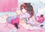  1girl bed blush bow child copyright_request feet hair_bow heart indoors kona_(canaria) long_hair looking_at_viewer no_shoes phone pillow shiny shiny_hair solo stuffed_animal toeless_legwear toes twin_braids v 