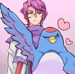  1boy akimoto_(akimomomoto) bird chika_(srw) heart lowres one_eye_closed pink_background purple_hair shuu_shirakawa super_robot_wars super_robot_wars_the_lord_of_elemental upper_body violet_eyes 