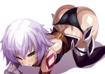  1girl all_fours ass assassin_of_black bandage bare_shoulders belt black_legwear black_panties blush fate/grand_order fate_(series) gloves looking_at_viewer open_mouth panties scar shadow shimeji_nameko shiny shiny_hair shiny_skin short_hair silver_hair simple_background solo tattoo thigh-highs underwear white_background yellow_eyes 