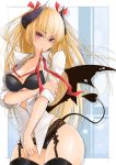  1girl bangs bat_wings black_bow black_bra black_legwear black_panties blonde_hair blush bow bra breasts cleavage collared_shirt contrapposto cowboy_shot demon_girl demon_horns demon_tail demon_wings eyebrows eyebrows_visible_through_hair eyelashes fingernails garter_belt hair_ribbon hand_on_own_arm head_tilt highres holding_arm horns lace large_breasts lips looking_at_viewer maru-pen mouth_hold neck_ribbon no_pants open_clothes open_shirt original outside_border panties red_ribbon ribbon ribbon_in_mouth sharp_fingernails shirt sleeves_rolled_up solo succubus tail thigh-highs two_side_up underwear untied violet_eyes white_border white_shirt wings 