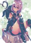  1girl arm_support ascot bare_shoulders black_boots black_gloves blush boots breasts brooch elbow_gloves fingerless_gloves full_body gloves hai_to_gensou_no_grimgar hat hat_removed headwear_removed jewelry knee_boots knees_up looking_away medium_breasts panties pantyshot pantyshot_(sitting) purple_hair shihoru_(grimgar) short_hair sitting solo staff tetsujin_momoko underwear violet_eyes white_panties witch_hat 