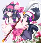  1girl black_boots black_hair black_legwear boots bow flower flower_knight_girl full_body hair_bow hair_flower hair_ornament hairband highres japanese_clothes kimono long_hair looking_at_viewer low-tied_long_hair masako_(sabotage-mode) pantyhose pink_bow pink_skirt pleated_skirt polearm shakuyaku_(flower_knight_girl) skirt smile solo spear tied_hair violet_eyes weapon 
