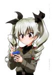  1girl absurdres anchovy black_ribbon black_shirt collared_shirt copyright_name drill_hair eyebrows eyebrows_visible_through_hair girls_und_panzer grey_hair hair_ribbon highres long_hair long_sleeves looking_down military military_uniform official_art red_eyes ribbon shirt simple_background solo tsurime twin_drills twintails uniform upper_body white_background wing_collar 