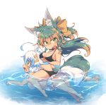  2girls ahoge animal_ears ass bikini black_bikini breasts gradient_hair green_hair hair_ribbon kuromiya kuromiya_raika long_hair looking_at_viewer multicolored_hair multiple_girls o-ring_bikini orange_hair original partially_submerged ribbon shiromiya_asuka sitting sitting_on_person swimming swimsuit tail water white_hair 