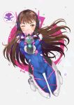  1girl aiming_at_viewer artist_name bent_knees blush bodysuit breasts brown_eyes brown_hair bubble_blowing character_name covered_navel d.va_(overwatch) dangmill facepaint facial_mark full_body gloves gun headphones heart highres long_hair looking_at_viewer one_eye_closed overwatch pilot_suit simple_background skull_and_crossbones solo speech_bubble star text watermark weapon whisker_markings white_background 