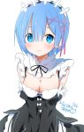  1girl blue_eyes blue_hair blush breasts cleavage detached_sleeves dress frills hair_ornament looking_at_viewer maid maid_headdress ragho_no_erika re:zero_kara_hajimeru_isekai_seikatsu rem_(re:zero) short_hair smile solo x_hair_ornament 