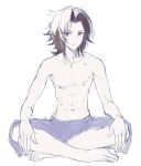  1boy barefoot black_hair blue_eyes doodle full_body granblue_fantasy indian_style lancelot_(granblue_fantasy) long_hair male_focus naedoko parted_lips shirtless shorts simple_background sitting smile solo topless towel white_background 