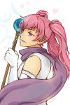  1girl artist_name bangs dress elbow_gloves fire_emblem fire_emblem:_rekka_no_ken gloves heart holding looking_to_the_side pink_hair scarf serra smile solo staff tea-and-dreams upper_body violet_eyes white_gloves 