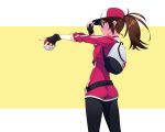  10s 1girl ass backpack bag baseball_cap breasts brown_hair cropped_jacket female_protagonist_(pokemon_go) fingerless_gloves from_side gloves hat highres holding holding_poke_ball long_hair medium_breasts murakami_suigun outstretched_arm peaked_cap poke_ball pokemon pokemon_go pokemon_trainer ponytail profile solo 
