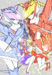  2girls akimoto_(akimomomoto) blonde_hair fairlion grey_background hands_together latooni_subota mecha multiple_girls purple_hair shine_hausen super_robot_wars super_robot_wars_original_generation 