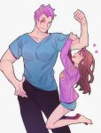  2girls arm_grab arm_hug bare_shoulders barefoot biceps black_pants blue_shirt blush bunny_print casual closed_eyes cowboy_shot d.va_(overwatch) flexing hand_on_hip hanging heart lifting_person long_sleeves multiple_girls muscle open_mouth overwatch pants pink_hair pose scar scar_across_eye shirt short_hair short_shorts short_sleeves shorts simple_background size_difference smile spoken_heart standing white_background zarya_(overwatch) 