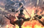  1girl black_boots black_hair boots clouds hair_ornament highres kantai_collection knee_boots looking_at_viewer outdoors so-on solo standing sunset taihou_(kantai_collection) yellow_eyes 