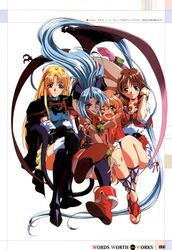  4girls ;d animal_ears ankle_boots arm_around_neck armor bangs bat_wings blonde_hair blue_eyes blue_hair blush boots bow bridal_gauntlets brown_hair cape capelet cat_ears cat_tail choker claws clenched_hand company_name copyright_name crescent crescent_hair_ornament cross-laced_clothes cross-laced_footwear crossed_arms delta_(words_worth) demon_girl dress elbow_gloves facial_mark fangs feet fingernails floating_hair forehead_mark full_body fur gloves greaves green_eyes grin hair_bow hair_ornament head_wings highres hug hug_from_behind legs_crossed long_fingernails long_hair looking_at_another looking_at_viewer mew_(words_worth) multiple_girls nina_(words_worth) official_art one_eye_closed open_mouth orange_hair panties pantyshot pantyshot_(sitting) parted_bangs pauldrons pointy_ears purple_panties purple_skin raised_eyebrows red_eyes ribbon rin-sin scan sharon short_dress simple_background sitting skirt smile succubus sword tail thigh-highs underwear vambraces very_long_hair wavy_hair weapon white_background white_dress white_gloves white_legwear wings words_worth yellow_eyes 