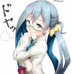  1girl artist_name bangs bespectacled blue_bow blue_bowtie blue_eyes blue_hair blush boruhis bow bowtie closed_mouth collared_shirt doyagao eyebrows finger_to_glasses from_side glasses green-framed_eyewear hair_ornament hand_up index_finger_raised kantai_collection kiyoshimo_(kantai_collection) long_hair long_sleeves looking_at_viewer multicolored_hair semi-rimless_glasses shirt simple_background smile smug solo two-tone_hair under-rim_glasses upper_body white_background white_shirt 