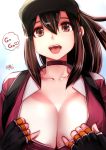  10s 1girl artist_name baseball_cap breasts brown_eyes brown_hair choker cleavage collarbone commentary_request dated female_protagonist_(pokemon_go) fingerless_gloves gloves hat highres large_breasts lips long_hair looking_at_viewer open_clothes open_mouth open_shirt pokemon pokemon_go ponytail shirt simple_background solo souryu speech_bubble teeth unzipped upper_body 