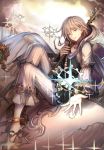  1boy anklet barefoot blue_eyes braid clouds eyebrows eyebrows_visible_through_hair glowing granblue_fantasy grey_hair highres hood jewelry long_hair looking_at_viewer male_focus noah_(granblue_fantasy) parted_lips signature smile solo sparkle staff star starry_background tenyo0819 