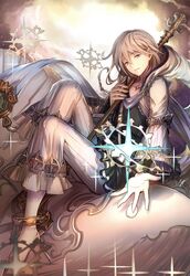  1boy anklet barefoot blue_eyes braid clouds eyebrows eyebrows_visible_through_hair glowing granblue_fantasy grey_hair highres hood jewelry long_hair looking_at_viewer male_focus noah_(granblue_fantasy) parted_lips signature smile solo sparkle staff star starry_background tenyo0819 