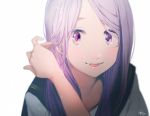  1girl blush fangs hair_tucking lavender_hair long_hair looking_at_viewer mocco original parted_lips school_uniform smile solo violet_eyes 