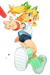  ass baton blonde_hair capcom floating_hair green_eyes gym_uniform hair_ribbon highres om_(nk2007) open_mouth outstretched_arm ribbon rockman rockman_(classic) roll shoes short_sleeves sneakers 