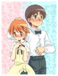  1boy 1girl apron blush brown_eyes brown_hair glasses grey_eyes hair_ornament hairpin hand_on_head inami_mahiru kyapu-10 orange_hair short_hair snowman takanashi_souta waiter waitress working!! 