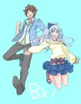  1boy 1girl :d akimoto_(akimomomoto) aqua_background aqua_eyes brown_hair full_body jewelry jumping long_hair messy_hair open_mouth outstretched_arms pendant ponytail smile super_robot_wars super_robot_wars_bx white_hair yellow_eyes youta_hiiragi yuki_hiiragi 