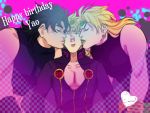  3boys birthmark black_hair blonde_hair boy_sandwich checkered cheek_kiss dio_brando double_cheek_kiss earrings father_and_son giorno_giovanna green_lipstick happy_birthday headband heart highres jewelry jojo_no_kimyou_na_bouken jonathan_joestar jonya kiss ladybug lipstick makeup male_focus multiple_boys sandwiched 