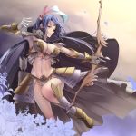  1girl armor armored_dress armpits arrow bikini_armor blue_hair bow_(weapon) breasts cape cleavage commentary_request crescent facial_mark feathers flower forehead_mark gloves greaves groin hair_feathers high_collar highres leaf looking_away low_twintails medium_breasts navel original parted_lips pink_eyes quiver revealing_clothes ryuki@maguro-ex smile solo twintails weapon white_gloves 